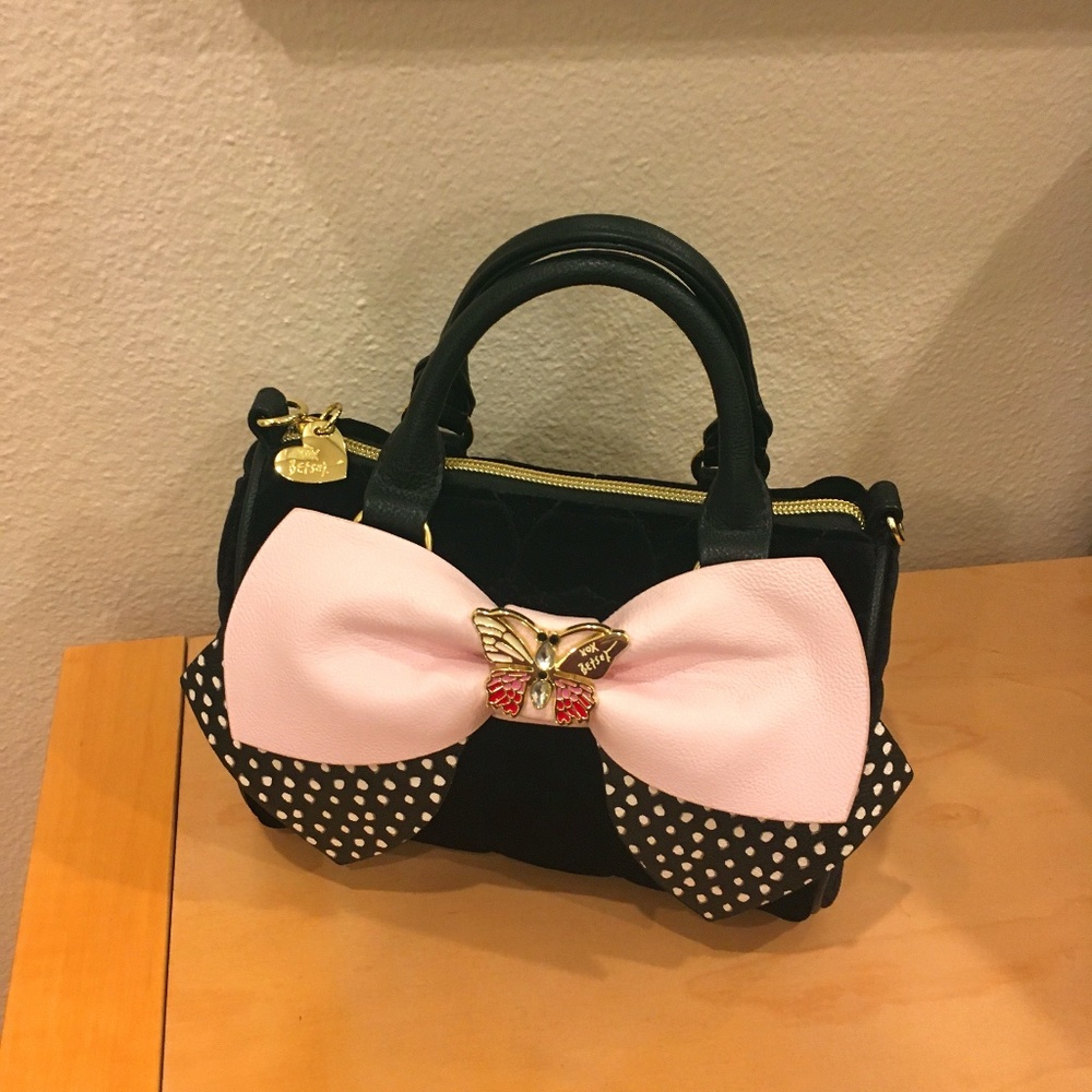 Betsey Johnson Black Velvet Pink Bow Handbag